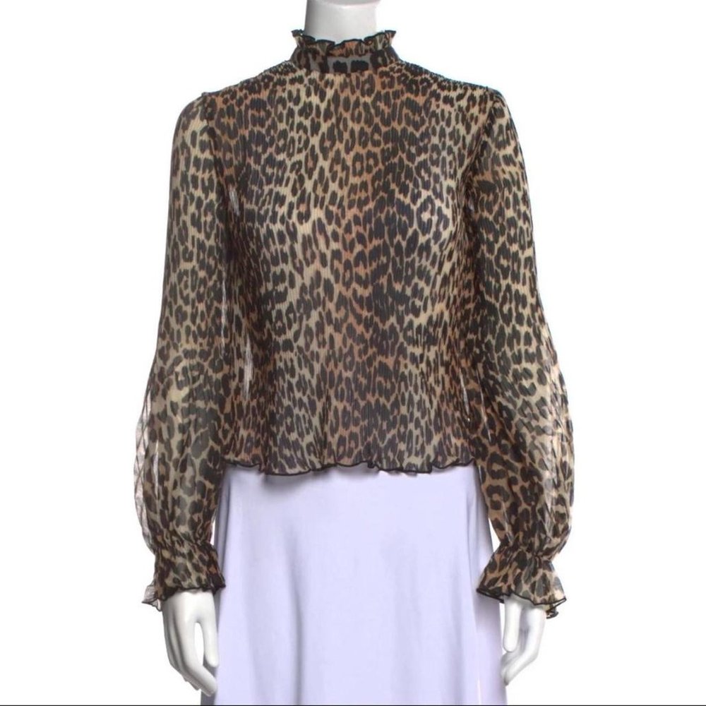 Ganni pleated leopard blouse top
